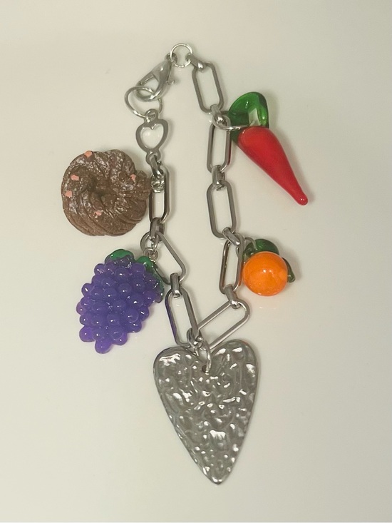 Beyond Grateful Accessories - Bag Charm Silver Heart Charm Bracelet with Colorful Fruit & Pastry Charms